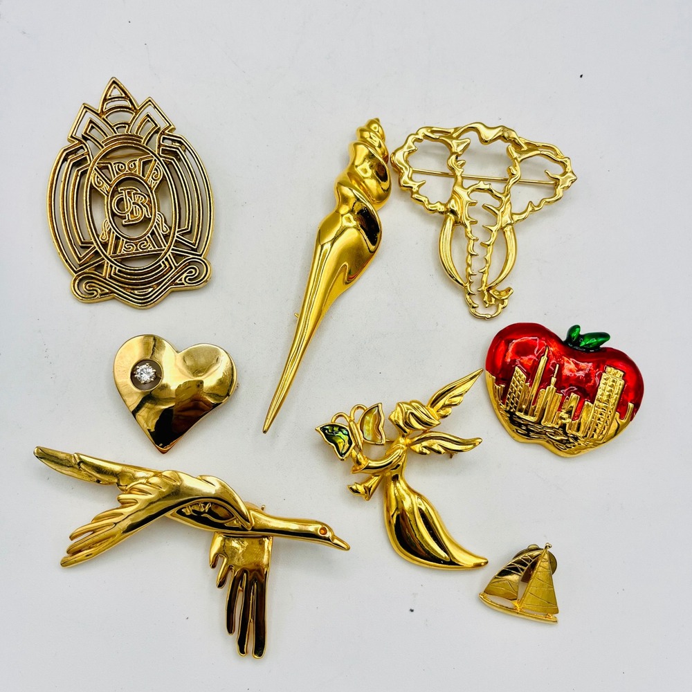 Vintage Gold Tone Brooch Pin Lot 8pc Elephant Bird Apple Heart Angel Camco